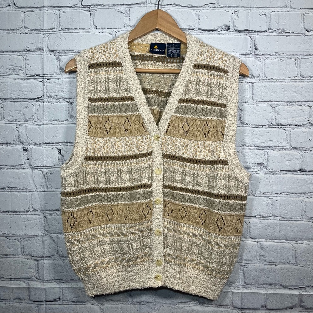 Vintage Liz Claiborne Sweater Vest Cardigan Womens Size Large Fair Isle Aztec